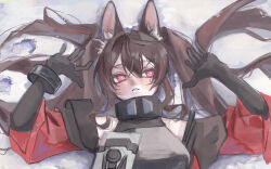  1girl angelina_(arknights) animal_ears arknights arknights:_endfield arms_up black_gloves blush brown_hair commentary_request elbow_gloves fox_ears fox_girl frown gilberta_(arknights) gloves grey_shirt highres long_sleeves looking_at_viewer lying marin_(jaguchi38) on_back red_eyes shirt simple_background sleeveless sleeveless_shirt solo twintails upper_body white_background 