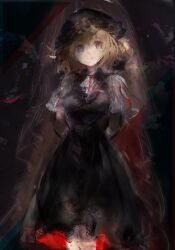  1girl alternate_costume arms_behind_back black_hat blonde_hair closed_mouth clothing_request commentary dress frilled_shirt_collar frills hat highres lace maribel_hearn medium_hair mob_cap neck_ribbon purple_dress red_ribbon ribbon see-through_clothes see-through_veil shirt solo standing tears tears_from_one_eye touhou uwazumi veil violet_eyes white_shirt 