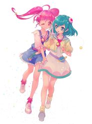  2girls antennae aqua_eyes aqua_hair cropped_jacket dress fingerless_gloves full_body gloves hagoromo_lala highres hoshina_hikaru long_hair looking_at_another medium_hair multiple_girls one_eye_closed overalls pink_eyes pink_hair precure simple_background single_fingerless_glove smile star_twinkle_precure three-quarter_sleeves twintails white_background white_dress yukiumisaka 