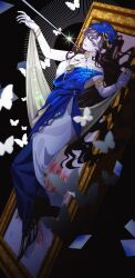  1girl absurdres armlet bare_shoulders barefoot black_background black_hair blue_dress blue_eyes blue_veil bug butterfly commentary_request dress evening_gown from_side full_body gold_armlet grin hand_up highres insect_pin isolde_(reverse:1999) isolde_(the_last_fluttering_beat)_(reverse:1999) jewelry korean_commentary long_hair meong-ge official_alternate_costume outstretched_arm picture_frame reverse:1999 shawl smile solo two-tone_dress veil violet_eyes white_butterfly white_dress white_shawl 