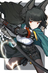  1girl absurdres animal_ear_fluff animal_ears aqua_jacket black_boots black_gloves black_hair black_pantyhose black_skirt blunt_bangs boots border braid breasts bright_pupils closed_mouth commentary fingerless_gloves fox_ears fox_girl gauntlets gloves grey_background half_up_braid high-waist_skirt highres holding holding_sword holding_weapon hoshimi_miyabi jacket jacket_on_shoulders katana large_breasts long_hair looking_at_viewer pantyhose red_eyes shide shirt sidelocks single_fingerless_glove single_gauntlet skirt solo sword tupikeee weapon white_border white_pupils white_shirt zenless_zone_zero 