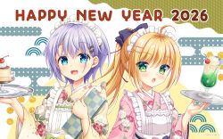  2026 2girls :d :o ahoge ambitious_mission apron black_bow blonde_hair blue_eyes blush bow charlotte_di_curvehorn_yeatz cherry dated drink eyes_visible_through_hair floral_print floral_print_kimono food frilled_apron frills fruit green_eyes grey_hair hair_behind_ear hair_between_eyes hair_bow hair_ornament hairclip hand_up hands_up hanesaki_seika happy_new_year highres holding holding_tray japanese_clothes kimono kobayashi_tsubame long_hair long_sleeves looking_at_viewer maid maid_apron maid_headdress multiple_girls nengajou new_year official_art official_wallpaper open_mouth outline parallel_hairclips pink_kimono ponytail print_kimono pudding side-by-side sidelocks simple_background smile spoon striped_clothes striped_kimono tray upper_body wa_maid white_apron white_outline wide_sleeves yellow_kimono 