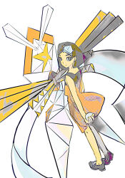 1boy black_hair character_request chinese_commentary commentary dress full_body grey_eyes grey_shoes hair_ornament higashikata_tsurugi highres holding holding_poke_ball jojo_no_kimyou_na_bouken jojolion looking_at_viewer looking_back medium_hair orange_dress origami_frog paper_moon_king poke_ball pokemon shoes short_hair simple_background sleeveless sleeveless_dress solo stand_(jojo) standing star_(symbol) triangle wfed5748 white_background 