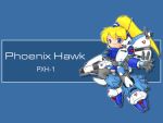  1girl antennae battletech blonde_hair blue_background blue_eyes character_name d-klaw gun mecha_musume no_nose phoenix_hawk ponytail simple_background solo wallpaper weapon 