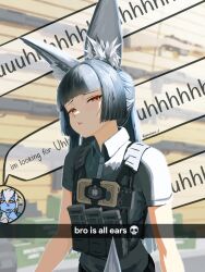  2girls :t animal_ear_fluff animal_ears black_hair black_shirt blue_horns blue_oni blue_skin bulletproof_vest closed_mouth colored_skin commentary dgkamikaze english_text fox_ears fox_girl hair_between_horns highres horns hoshimi_miyabi load_bearing_vest long_hair looking_at_viewer multicolored_horns multiple_girls oni pointy_ears pout red_eyes saliva shirt short_hair short_sleeves sidelocks skull soukaku_(zenless_zone_zero) speech_bubble two-tone_horns white_hair white_shirt zenless_zone_zero 
