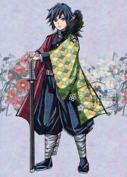  1boy animal_on_shoulder belt bird bird_on_shoulder black_hair black_jacket black_pants black_socks blue_eyes buttons closed_mouth commentary_request crow demon_slayer_uniform fingernails full_body gold_buttons haori high_collar jacket japanese_clothes kanzaburou_(kimetsu_no_yaiba) katana kikkoumon kimetsu_no_yaiba legs_apart long_hair looking_at_viewer low_ponytail male_focus pants planted planted_sword ponytail print_haori red_haori runa_(ren_rainfall) sandals sheath sheathed socks solo spiky_hair sword tomioka_giyuu watermark weapon white_belt 