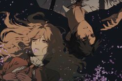  1boy 1girl ascot black_background brown_ascot brown_eyes brown_gloves brown_hair brown_jacket catherine_(project_moon) chest_harness collared_shirt commentary_request dark-skinned_male dark_skin flower gloves hand_up harness heathcliff_(project_moon) jacket korean_commentary limbus_company long_hair mangsug12_40 petals project_moon purple_flower shirt simple_background wavy_hair white_shirt 