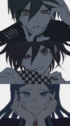  1girl 2boys adjusting_scarf black_hair blue_eyes blue_hair checkered_clothes checkered_scarf commentary_request danganronpa_(series) danganronpa_v3:_killing_harmony dripping evil_smile eyelashes flipped_hair glasses hair_between_eyes half-closed_eye hands_on_own_face heart heart-shaped_pupils highres kinokodykf long_hair looking_at_viewer monochrome multiple_boys muted_colors nervous_sweating oma_kokichi purple_hair saihara_shuichi scarf shirogane_tsumugi shirt short_hair simple_background smile smirk sweat symbol-shaped_pupils two-tone_scarf violet_eyes yellow_eyes 