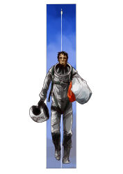  1boy black_hair burnt chuck_yeager commentary_request contrail helmet highres historical_event holding holding_unworn_helmet injury one_eye_closed parachute pilot real_life rocket scene_reference serious sketch smirk space_helmet spacesuit spoilers taiga_hiroyuki the_right_stuff unworn_headwear unworn_helmet walking_towards_viewer 