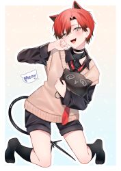  1boy absurdres animal_ears black_shirt black_shorts black_socks blush brown_sweater_vest cat_boy cat_ears collared_shirt creature fangs full_body green_eyes highres holding holding_creature holostars holostars_english kemonomimi_mode kneeling long_sleeves machina_x_flayon machina_x_flayon_(2nd_costume) machiroon_(machina_x_flayon) male_focus necktie no_shoes official_alternate_costume open_mouth paw_pose red_hair red_necktie shirt short_hair shorts socks suicchonsuisui sweater_vest tail virtual_youtuber 