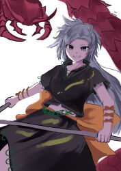  1girl absurdres back_bow black_shirt black_skirt blue_eyes bow bug centipede commentary_request grey_hair grin guminemi highres himemushi_momoyo long_hair looking_at_viewer midriff orange_bow oversized_bug shirt short_sleeves simple_background skirt smile solo touhou very_long_hair white_background 