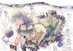 1girl adapted_costume air_bubble black_boots black_choker boots bubble buttons choker closed_eyes commentary_request diamond_button disembodied_linked_eye eyeball floral_print frilled_skirt frilled_sleeves frills green_hair green_skirt heart heart_of_string highres kemo_chiharu komeiji_koishi long_sleeves missing_headwear pendant_choker print_skirt rose_print shirt skirt solo touhou underwater yellow_shirt 