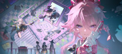  4girls animal_ears black_dress black_gloves brown_hair chinese_commentary commentary_request dress evanescia_(honkai:_star_rail) flower fox_ears fox_girl gloves grey_hair hair_flower hair_ornament hat herta_(honkai:_star_rail) highres honkai:_star_rail honkai_(series) long_hair looking_at_viewer multiple_girls pink_hair reaching reaching_towards_another ruan_mei_(honkai:_star_rail) shirt short_hair_with_long_locks shuang_wu stelle_(honkai:_star_rail) the_herta_(honkai:_star_rail) trailblazer_(honkai:_star_rail) very_long_hair violet_eyes white_shirt witch_hat 
