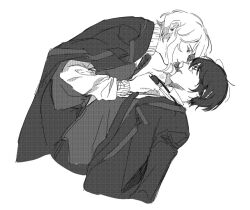  1boy 1girl clothes_grab coat coat_on_shoulders collared_shirt faust_(project_moon) greyscale hetero lapels limbus_company mangsug12_40 monochrome necktie necktie_grab neckwear_grab notched_lapels project_moon shirt short_hair simple_background sweater vest yi_sang_(project_moon) 