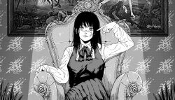  1girl chainsaw_man chair collared_shirt dress fourth_east_high_school_uniform gitokuja greyscale highres long_hair long_sleeves looking_at_viewer monochrome painting_(object) pinafore_dress pointing pointing_at_self ringed_eyes scar scar_on_cheek scar_on_face scar_on_nose school_uniform shirt sitting sleeveless sleeveless_dress solo yoru_(chainsaw_man) 
