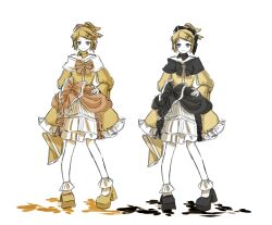  1girl adapted_costume aku_no_meshitsukai_(vocaloid) aku_no_musume_(vocaloid) aqua_eyes black_choker black_ribbon black_shoes bow choker commentary_request comparison dress dress_bow dress_ribbon dual_persona evillious_nendaiki flat_chest frilled_socks frills hair_bow hands_on_own_hips high_ponytail highres kagamine_rin long_sleeves myang_(_0_0_o_o_) off-shoulder_dress off_shoulder official_alternate_color orange_bow orange_choker orange_ribbon petticoat pigeon-toed ponytail puffy_sleeves ribbon shoes short_dress sketch smile smug socks swept_bangs updo vocaloid waist_ribbon wide_sleeves yellow_dress yellow_shoes 