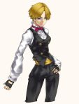  androgynous blonde_hair blue_eyes bowtie breasts croupier dress_shirt earrings female fingerless_gloves formal gloves hand_on_hip high_collar hips jewelry king_(snk) king_of_fighters ryuuko_no_ken sash shirt snk solo vest yucca-612 