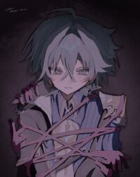  1boy 883333815 ahoge armor blue_shirt bound bound_arms chair collared_shirt colored_extremities dark earrings genshin_impact green_hair grey_background grey_eyes hair_between_eyes highres jewelry lohen_(genshin_impact) long_sleeves looking_at_viewer male_focus on_chair red_hands sad_smile shadow shirt short_hair shoulder_armor single_earring sitting solo straight-on tied_up_(nonsexual) upper_body 