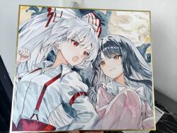  2girls absurdres arm_belt black_hair bow bowtie chinese_commentary clenched_hand closed_mouth collared_shirt commentary_request eye_contact frilled_shirt_collar frills fujiwara_no_mokou grey_hair hair_bow highres houraisan_kaguya l0e9s29p long_hair long_sleeves looking_at_another multiple_girls open_mouth pants photo_(medium) pink_shirt red_eyes red_pants shikishi shirt sleeves_past_fingers sleeves_past_wrists smile suspenders touhou traditional_media very_long_hair white_bow white_bowtie white_shirt yellow_eyes 