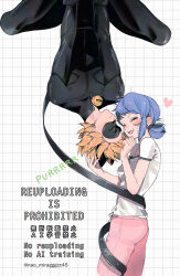  1boy 1girl adrien_agreste bell black_bodysuit black_mask blonde_hair bodysuit chat_noir closed_eyes commentary_request eye_mask fake_tail grid_background highres marinette_dupain-cheng mask miraculous_ladybug neck_bell pants pink_pants seio_(nao_miragggcc45) shirt smile superhero_costume tail tail_wrap twintails twitter_username upside-down watermark white_shirt 