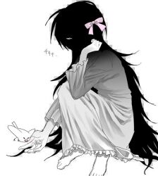  1other animal bird bird_feeding black_hair bow colored_skin dress feeding feeding_animal flying frilled_dress frills long_hair long_sleeves meidodown no_shoes original pink_bow pink_eyes s-san_(meidodown) white_background white_dress white_skin 