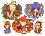  baseball_cap blue_hair brown_hair corn_(pokemon) dent_(pokemon) drinking green_hair gym_leader hat multiple_boys pod_(pokemon) pokemon pokemon_(game) pokemon_bw ponytail red_hair redhead short_hair tea tetsu_(teppei) touko_(pokemon) touya_(pokemon) 