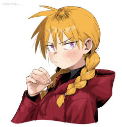  1girl absurdres blonde_hair blush closed_mouth cropped_torso gabu_(yomi_no_tsugai) hand_up highres hood hood_down long_hair looking_at_viewer low-tied_long_hair low_twintails myaoooo pinching pout slit_pupils solo spiky_hair sweat turtleneck twintails upper_body violet_eyes yomi_no_tsugai 