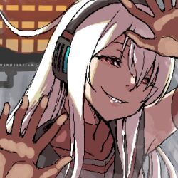  1girl against_fourth_wall albino anonymous_(japanese) bad_source bags_under_eyes breath collarbone commentary_request empty_eyes grey_sailor_collar grin hair_between_eyes hair_over_one_eye hands_up head_tilt headphones high_collar layered_shirt long_hair looking_at_viewer lowres oekaki portrait red_eyes red_shirt sailor_collar shirt sidelighting sidelocks sleeveless sleeveless_shirt smile smirk solo sukone_tei utau white_hair yandere 