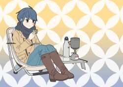  1girl artist_name backpacking_stove black_scarf blue_background blue_hair blue_pants boots brown_boots brown_jacket camping_chair chair closed_mouth cup denim flat_color folding_chair full_body gradient_background highres holding jacket jeans knee_boots long_sleeves mug namboku_8976 pants portable_stove scarf shima_rin shippou_(pattern) shippou_background sitting smile solo thermos violet_eyes yellow_background yurucamp 