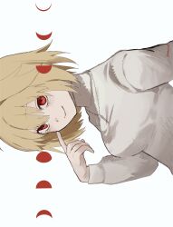  1girl absurdres arcueid_brunestud blonde_hair blush breasts commentary hair_between_eyes hair_intakes highres jewelry kusuri_03 looking_at_viewer moon_phases necklace pointing pointing_at_self red_eyes short_hair sideways simple_background smile solo sweater tsukihime tsukihime_(remake) turtleneck turtleneck_sweater upper_body white_background white_sweater 
