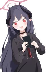  1girl :d absurdres black_choker black_hair black_shirt black_skirt blue_archive blush buttons chiaki_(blue_archive) choker commentary cowboy_shot demon_girl demon_horns double-breasted downturned_eyes dutch_angle hair_between_eyes halo hands_up high-waist_skirt highres holding holding_notebook horns long_hair long_sleeves looking_down missing_headwear necktie notebook open_mouth puffy_long_sleeves puffy_sleeves red_eyes red_halo red_necktie school_uniform shirt sidelocks signature simple_background skirt slit_pupils smile solo very_long_hair white_background yukou_sui 