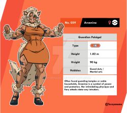  1girl abs animal_ears arcanine artist_name blonde_hair character_name character_profile china_dress chinese_clothes dark-skinned_female dark_skin deviantart_logo deviantart_username dog_ears dog_girl dog_tail dress english_text full_body fur_collar height highres long_hair looking_at_viewer muscular muscular_female orange_background personification pokedex_number pokemon pokemon_sword_and_shield shanghai_neckline sleeveless sleeveless_dress smirk tail taruyamame thick_thighs thighs tiger_stripes tight_clothes venus_symbol watermark weight 
