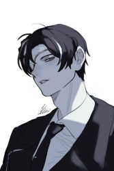  1boy black_hair black_jacket black_necktie collared_shirt commentary_request highres index_(identity)_(project_moon) jacket korean_commentary lapels limbus_company looking_at_viewer mangsug12_40 multicolored_hair necktie notched_lapels parted_bangs project_moon shirt simple_background solo streaked_hair upper_body white_background white_shirt white_streaks yellow_eyes yi_sang_(project_moon) 
