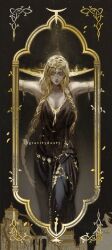  1girl armlet belt black_dress blonde_hair braid breasts circlet closed_eyes commentary crown dress elden_ring english_commentary gold_armlet gold_belt gold_circlet gravitydusty highres jewelry large_breasts long_hair queen queen_marika_the_eternal sleeveless sleeveless_dress solo t-pose twin_braids very_long_hair 