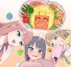  !? 3girls ayatsumugi_roka bento black_hair blue_eyes blush brown_eyes brown_hair cellphone cho_kaguya-hime! commentary_request eighth_note embarrassed green_eyes head_steam heart highres holding holding_phone isayama_mami kaguya_(cho_kaguya-hime!) mole mole_under_eye multiple_girls musical_note nigatsu_(lowfatnonsugar) open_mouth phone pink_hair pink_nails sakayori_iroha sparkle spoken_heart spoken_interrobang spoken_musical_note sweat taking_picture upper_body 