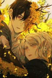  1boy 1girl black_coat black_hair blade_lineage_(identity)_(project_moon) branch coat commentary_request e.g.o_(project_moon) faust_(project_moon) folding_fan hand_fan highres holding holding_fan korean_commentary limbus_company looking_at_viewer mangsug12_40 parted_lips plant_wings project_moon scar scar_across_eye scar_on_face short_hair spicebush_(e.g.o) technology_liberation_alliance_(identity)_(project_moon) white_hair wings yellow_eyes yellow_wings yi_sang_(project_moon) 