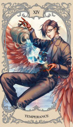  1boy aqua_eyes asymmetrical_bangs belt belt_buckle black-framed_eyewear black_jacket black_necktie black_pants black_suit blue_sky blurry border brown_belt brown_border brown_hair buckle card_(medium) chalice collar_chain_(jewelry) collared_shirt commentary_request cup depth_of_field expressionless feathered_wings feet_out_of_frame floating_clothes flying fukeda_chiho glasses gloves grey_border grey_shirt hand_up highres holding holding_cup holding_jug hypnosis_mic iruma_jyuto jacket jug_(bottle) leather leather_gloves lens_flare light_rays long_sleeves looking_ahead looking_at_object looking_to_the_side male_focus necktie open_clothes open_jacket orange_sky ornate_border outdoors outside_border pants parted_hair parted_lips pouring rectangular_eyewear red_gloves red_lips red_wings shirt shirt_tucked_in short_hair sky solo suit suit_jacket suit_pants tarot tarot_(medium) temperance_(tarot) tie_clip twitter_username watch watch water wings 