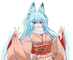  1girl :d animal_ear_fluff animal_ears asagi501 blue_hair breasts character_request commentary_request drop_shadow fox_ears fox_girl green_eyes hair_ornament hairclip hands_up highres japanese_clothes kimono long_hair long_sidelocks long_sleeves medium_breasts obi open_mouth orange_kimono original red_sash sash sidelocks simple_background smile solo twintails two-tone_sash upper_body vrchat white_background wide_sleeves yellow_sash 