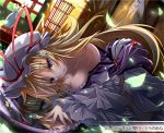  1girl bare_shoulders blonde_hair breasts cleavage hat long_hair mirror off_shoulder on_stomach purple_eyes reflection rondo_umigame solo touhou violet_eyes yakumo_yukari 