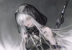  1girl absurdres artist_name bare_shoulders black_dress blank_eyes bridge_piercing chain colored_eyelashes commentary dress expressionless face_piercing feng-buqi gradient_background grey_background hair_over_one_eye high_collar highres hood hood_up hooded_dress long_hair looking_at_viewer nox_(path_to_nowhere) pale_skin path_to_nowhere piercing polearm sleeveless sleeveless_dress solo turtleneck upper_body very_long_hair weapon white_eyelashes white_eyes white_hair 