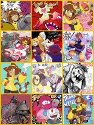  absurdres animal_ears artist_self-insert bacun black_pants blonde_hair breasts brown_hair cameron_sewell cat_ears cat_girl cat_tail commentary compilation dress english_commentary english_text fewer_digits flappers_(gameoverse) fold_(gameoverse) furry furry_female gameoverse gauntlets gobbles_(gameoverse) goggles goggles_on_head hands_on_own_hips highres kaboodle_(gameoverse) kit_(gameoverse) long_hair malice_(gameoverse) miss_information_(gameoverse) motor_vehicle motorcycle multiple_boys multiple_girls official_art on_motorcycle open_mouth pants ponytail purple_lips red_eyes rubberross second-party_source sleeveless sleeveless_turtleneck smile standing tail thank_you toon_(style) turtleneck turtleneck_dress v very_long_hair violet_eyes warrick_(gameoverse) whiskers yellow_dress yellow_gauntlets 