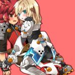  aqua_eyes armor blonde_hair boots brown_eyes chung elsword elsword_(character) fang gloves greaves kneeling male multiple_boys pants pink_background red_hair redhead sitting symbol-shaped_pupils yakiguri yaoi 