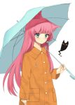  animal_ears bad_id blue_eyes blush cat_ears cocona_ichijo long_hair midorikawa_you original pink_hair raincoat solo umbrella 