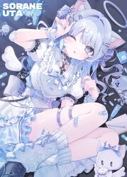 1girl absurdres animal_ear_fluff animal_ear_piercing animal_ears back_bow bandaid bandaid_on_knee bandaid_on_leg bell black_collar black_shoes blue_bow blue_dress blue_eyes blue_hair blue_nails blue_ribbon blue_theme bow candy cat cat_ears cat_girl cellphone chain character_name chest_harness collar commentary_request controller dress food foot_out_of_frame frilled_dress frills game_controller gauze_on_elbow grey_background hair_bow hair_intakes hair_ornament hairclip halo hand_up harness heart heart_in_eye highres indie_virtual_youtuber knees_up konpe_itou layered_dress leg_warmers lipgloss_tube lollipop lying name_tag neck_bell on_side one_eye_closed paper parted_lips pen phone pill puffy_short_sleeves puffy_sleeves ribbon shoes short_sleeves signature skindentation smartphone sorane_uta symbol_in_eye thigh_strap two_side_up virtual_youtuber white_leg_warmers white_wrist_cuffs wrist_cuffs 