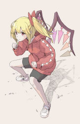  1girl alternate_costume black_shorts blonde_hair bow clenched_hands closed_mouth commentary_request contemporary crystal crystal_wings flandre_scarlet full_body hair_bow highres hood hoodie jack_(wkm74959) long_hair long_sleeves looking_at_viewer multicolored_wings one-hour_drawing_challenge one_side_up red_bow red_eyes red_hoodie shadow shoes shorts sneakers solo touhou white_shoes wings 