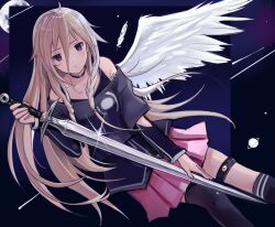  1girl ahoge asymmetrical_legwear bare_shoulders black_choker black_shirt black_socks black_thighhighs blonde_hair blue_eyes braid choker commentary dutch_angle expressionless feathered_wings hair_between_eyes highres holding holding_sword holding_weapon ia_(vocaloid) layered_sleeves long_hair looking_at_viewer moon multicolored_hair off_shoulder pink_hair pink_shirt planet pleated_skirt shirt shooting_star single_thighhigh single_wing skirt socks solo streaked_hair sword thigh-highs thigh_strap twin_braids very_long_hair vocaloid weapon white_wings wings zalupk228 
