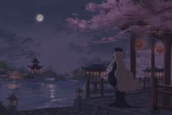  1girl architecture black_dress black_hat blonde_hair branch bridge chinese_clothes clouds cloudy_sky dalachi_(headdress) dress east_asian_architecture flower from_behind full_body full_moon hat junko_(touhou) lake lantern long_dress long_hair long_sleeves moon mountain night ououno outdoors paper_lantern petals pink_flower pom_pom_(clothes) purple_sky reflection reflective_liquid scenery sidelocks sky solo stairs standing tassel touhou tree very_long_hair wavy_hair wide_sleeves 