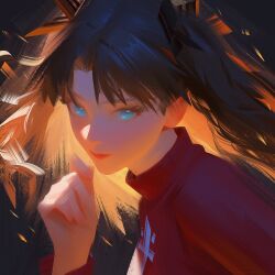  absurdres black_background black_bow blue_eyes bow breasts brown_hair clenched_teeth closed_mouth colored_inner_hair cross cross_print english_commentary fate/stay_night fate_(series) floating_hair hair_bow hand_up highres lips long_hair looking_at_viewer medium_breasts multicolored_hair nyte_tyde orange_hair parted_bangs red_lips red_sweater simple_background sweater teeth tohsaka_rin turtleneck turtleneck_sweater two_side_up upper_body 