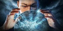  1boy brown_eyes closed_mouth commentary english_commentary eve_online gabriel_cassata hands_up highres male_focus nebula nose science_fiction solo space spacecraft v-shaped_eyebrows 