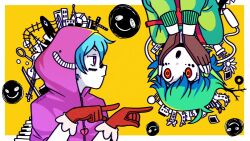  2boys :o alternate_eye_color alternate_hair_color antenna_hair apron artist_name basil_(headspace)_(omori) basil_(omori) black_mouth blue_hair border bright_pupils brown_gloves chromatic_aberration colored_skin commentary double-parted_bangs emoji eye_contact facial_mark film_grain fingerless_gloves flower flower_pot frilled_gloves frills from_side gloves green_hair green_sweater hair_between_eyes halftone hands_on_own_cheeks hands_on_own_face hands_up heart highres hood hood_up hooded_jacket humphrey_(omori) index_fingers_raised instrument jacket jitome long_sleeves looking_at_another male_focus matryoshka_(vocaloid) multicolored_eyes multiple_boys official_alternate_eye_color omori omori_(omori) open_mouth osulan outside_border photo_(object) piano_keys pink_eyes pink_jacket pointing pointing_at_another profile puffy_long_sleeves puffy_sleeves red_apron red_eyes red_gloves short_hair sidelocks simple_background something_(omori) stairs sunflower sweater tareme teeth two-tone_eyes upper_body upper_teeth_only upside-down v-shaped_eyebrows very_short_hair violet_eyes violin white_border white_pupils white_skin wide-eyed yellow_background yellow_eyes 